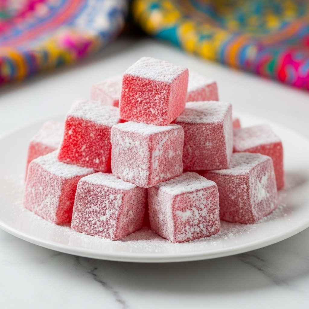 A white plate with green and orange leaf patterns holds a pile of pink square Turkish delight pieces generously covered in white powdered sugar. The soft, slightly translucent pink cubes are stacked unevenly in the center of the plate, with powdered sugar scattered around. The plate is placed on a white marbled surface with a colorful fabric featuring red, blue, purple, and brown floral patterns partially visible near the top right. Photo taken with an iphone --ar 4:5 --v 7