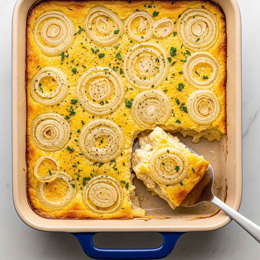 A blue baking dish filled with a golden baked casserole topped with many translucent onion rings scattered across the surface. The casserole is creamy yellow with hints of browned spots, sprinkled with chopped green herbs and black pepper. A silver spatula rests inside the dish lifting a portion, showing layers of soft onions beneath a smooth, cheesy top. The dish is set on a white marbled textured surface. photo taken with an iphone --ar 4:5 --v 7