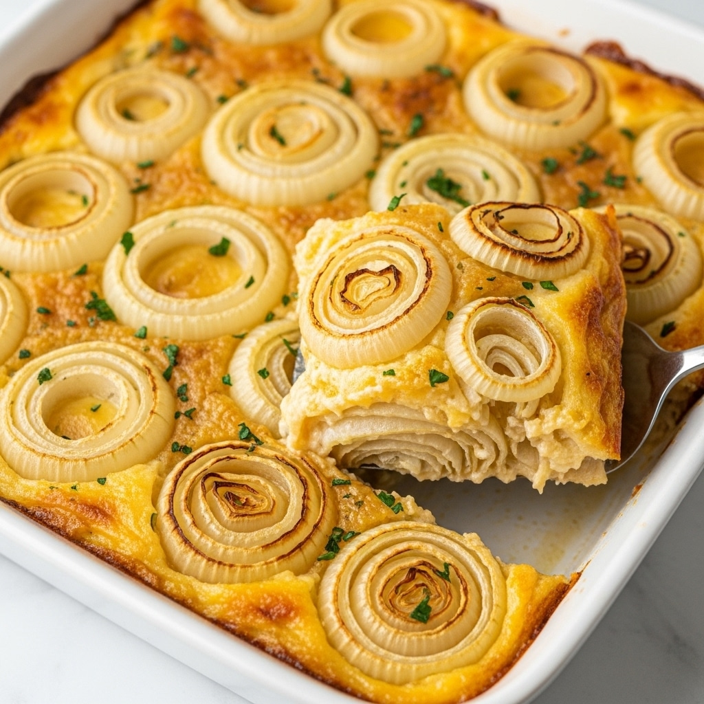 The dish is a baked casserole with a golden brown top layer of cooked onion rings spread evenly across the surface, some of which are slightly crispy and darker at the edges. The onion rings have a soft, translucent texture with a few bits of chopped green herbs sprinkled on top, adding small specks of green. Beneath the onions, there is a creamy, pale yellow layer with a smooth texture, likely a cheese or sauce base. A silver spatula is lifting a portion from one corner, showing layers of tender, glossy onion slices underneath the top rings. The casserole is in a white rectangular dish, placed on a white marbled surface. photo taken with an iphone --ar 4:5 --v 7