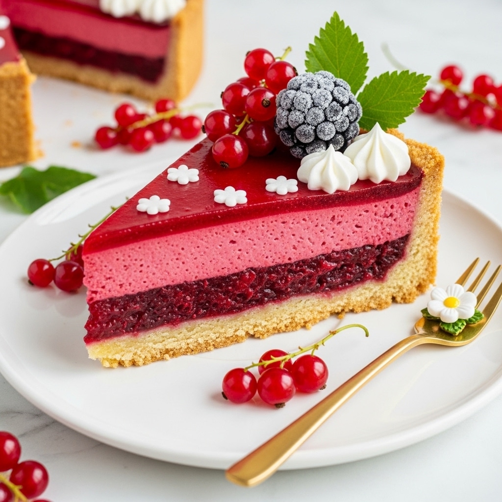 A tart with a golden-brown crust forms the base, filled with a smooth, bright red layer that looks glossy and even. On top, there are dollops of white cream piped neatly in small swirls, arranged mostly near the edges. Fresh red currants and a few sugared dark berries are scattered mostly around one half of the tart, adding texture and contrast. Small white flower-shaped sprinkles are scattered over the red filling and cream. Green leaves frosted to look like they have sugar crystals are nestled among the berries and cream. The tart sits on a white plate placed on a white marbled surface, with some loose red currants and green leaves around it. Photo taken with an iphone --ar 4:5 --v 7