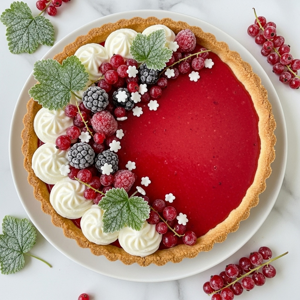 The image shows a slice of red berry pie on a white plate placed on a white marbled surface. The pie slice has three clear layers: a thick golden brown crust at the bottom, a dense, smooth bright red filling in the middle, and a shiny, slightly deeper red gel-like top layer. The crust edge is thick and slightly crumbly. The pie slice is decorated with small white whipped cream dollops and white flower-shaped sprinkles on the gel layer. Fresh red currants and a sugared dark berry with green frosted leaves are placed on top near the crust. Around the plate, there are loose red currants and a golden fork with a small white flower-shaped decoration on its handle. The overall setting is bright with soft natural light. photo taken with an iphone --ar 4:5 --v 7