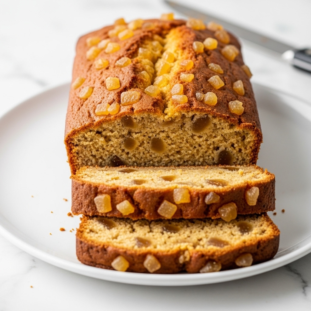 A baked golden brown loaf cake with a slightly rough textured top covered in small chunks of light amber candied fruit; the cake is sliced into three pieces showing a soft, moist, and crumbly middle with evenly scattered translucent fruit pieces inside; the loaf sits on a smooth white plate placed on a white marbled surface, with a blurred knife in the background. photo taken with an iphone --ar 4:5 --v 7