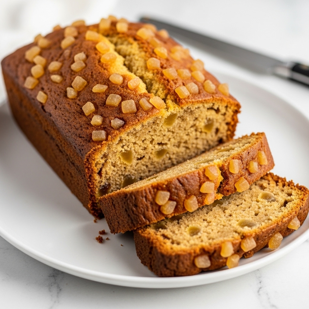 A loaf cake with a golden brown top and a textured crust is placed on a white rectangular plate on a white marbled surface. Inside, the cake is light yellow and looks soft with small pieces of candied fruit embedded throughout. Two slices are cut and laid in front of the loaf, showing the moist interior filled with translucent, orange candy bits. The top of the loaf also has scattered pieces of the same candied fruit, slightly caramelized. The photo is close-up and softly lit, emphasizing the cake's crumb and texture. Photo taken with an iphone --ar 4:5 --v 7