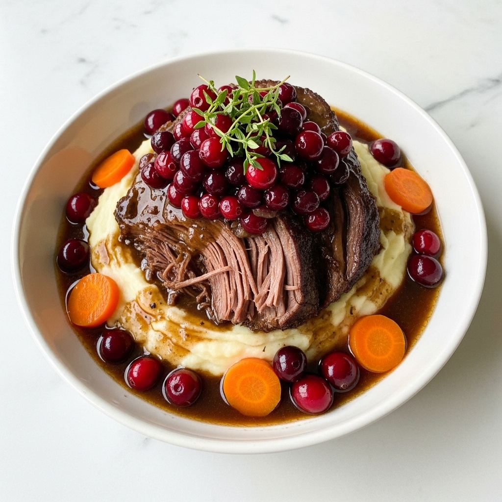 A white plate holds a rich, dark brown piece of braised meat with a glossy sauce covering the large, tender cut, showing texture from slow cooking. Underneath the meat is a creamy light yellow layer of mashed potatoes that look smooth and soft. Around the mashed potatoes and meat are bright orange baby carrots partially submerged in a thick brown sauce. The dish is topped with shiny, deep red cranberries and small sprigs of fresh green thyme, adding color contrast and freshness. The entire scene is set on a white marbled texture surface. photo taken with an iphone --ar 4:5 --v 7