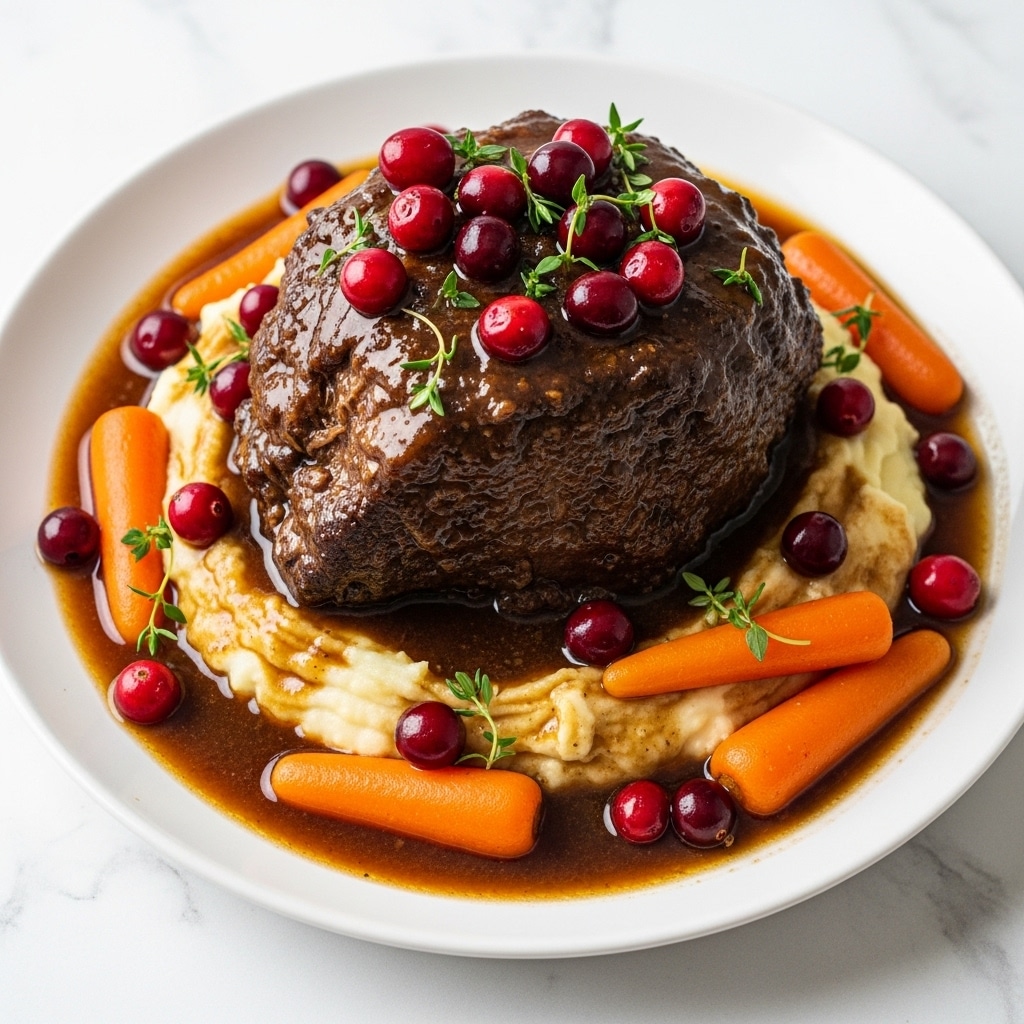 The image shows a dish in a white bowl on a white marbled surface featuring a large piece of dark brown, tender shredded beef placed on top of a bed of creamy pale yellow mashed potatoes. Around the beef and mashed potatoes, there are small orange carrot slices and deep red cranberries with a glossy sauce covering the beef and pooling slightly around the mashed potatoes. On top of the beef, there is a generous layer of shiny, dark red whole cranberries mixed in a thick sauce, garnished with fresh green thyme sprigs. photo taken with an iphone --ar 4:5 --v 7