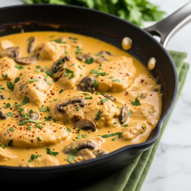 A close-up view of a creamy dish in a dark pan, filled with thick, light beige sauce mixed with pieces of flat pasta or dumplings, some with specks of black or herbs. The texture looks soft and rich, with small chunks scattered all over, and a red spatula is partially visible on the right side, slightly submerged in the creamy mixture. The background is replaced with a white marbled texture. photo taken with an iphone --ar 4:5 --v 7