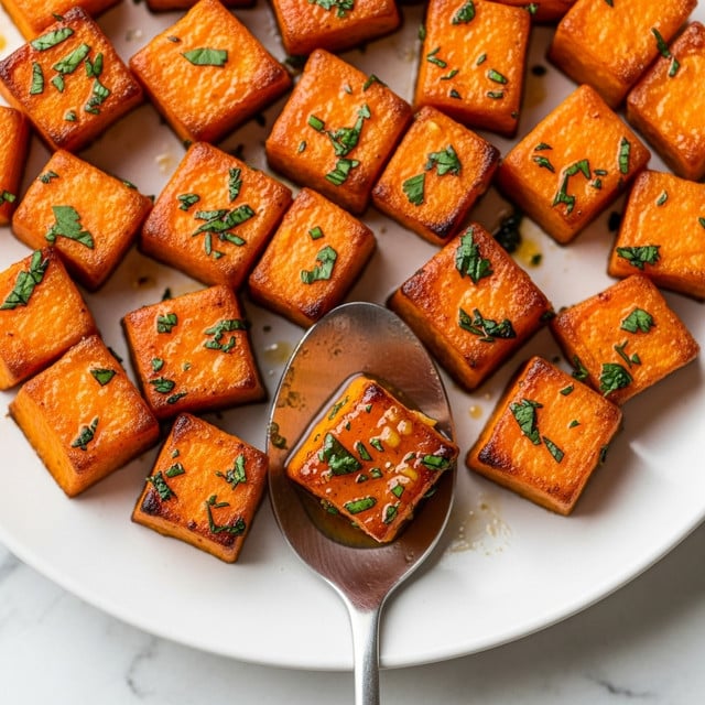 The image shows a close-up of bright orange roasted sweet potato cubes on a white plate with a white marbled texture underneath. Each cube has a slightly crispy, caramelized surface with some darker brown edges and small bits of green herbs scattered on top. A silver spoon near the center holds one cube coated with glossy sauce and herb bits. The dish looks warm, shiny, and flavorful with a mix of smooth and charred textures. photo taken with an iphone --ar 4:5 --v 7
