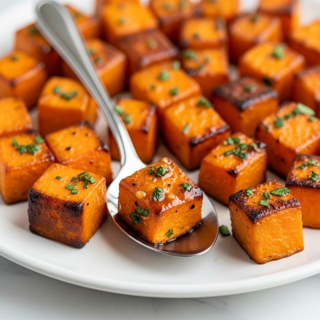 This image shows a close-up view of roasted sweet potato chunks spread out on a pan. There are about 30 pieces in the frame, cut into irregular cubes with shiny, caramelized orange skin and some charred edges. Small green herb bits, likely parsley or cilantro, are sprinkled evenly over the potatoes. The pan surface has a rough gray texture with bits of oil and browned spice marks, adding a rustic feel to the image. photo taken with an iphone --ar 4:5 --v 7