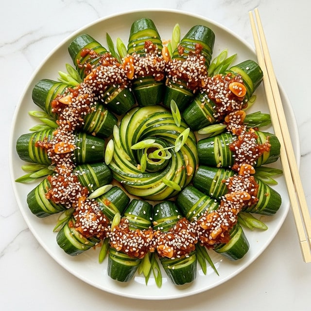 The image shows a white plate filled with spiral-cut green cucumbers arranged in a circle. Each cucumber is sliced into many thin layers but still connected, creating a twisted, textured look. The cucumbers are covered with a reddish-brown sauce that has bits of garlic and chili flakes, giving a spicy feel. White sesame seeds are sprinkled evenly on top, adding contrast and texture. Light green scallions or similar vegetables are mixed throughout, adding freshness and color. A pair of light wooden chopsticks rests on the plate's edge on the right side. The background is a white marbled surface. Photo taken with an iphone --ar 4:5 --v 7