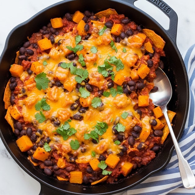The dish is served in a black cast iron pan filled with a colorful mix of cooked layers. The base layer has warm orange-red tortilla chips mixed with a chunky tomato-based sauce. On top of that, there are many black beans and bright orange cubes of cooked butternut squash scattered all over. Melted cheddar cheese is generously layered on top, melted and bubbly with slight browning. Fresh green chopped cilantro is sprinkled all over, adding a fresh touch. A silver spoon rests in the pan, partly lifting the layered mix, showing a close view of the textures and colors. The pan is placed on a white marbled surface with a blue and white striped cloth nearby. photo taken with an iphone --ar 4:5 --v 7