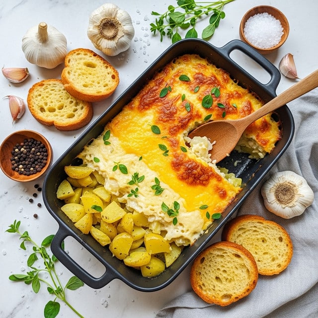 A black rectangular baking dish with handles is filled with a baked cheesy potato casserole as the main dish, showing three layers: soft yellow potato chunks at the bottom, creamy melted yellow cheese sauce in the middle, and browned, bubbly golden cheese on top, garnished with fresh green herbs scattered over. A wooden spoon rests inside the dish, lifting a portion that reveals the layers. Surrounding the dish are several golden toasted bread slices, two whole garlic bulbs, small wooden bowls filled with salt and whole black peppercorns on a white marbled surface. Fresh green herb sprigs and coarse salt grains are sprinkled around, next to a light gray cloth. Photo taken with an iphone --ar 4:5 --v 7