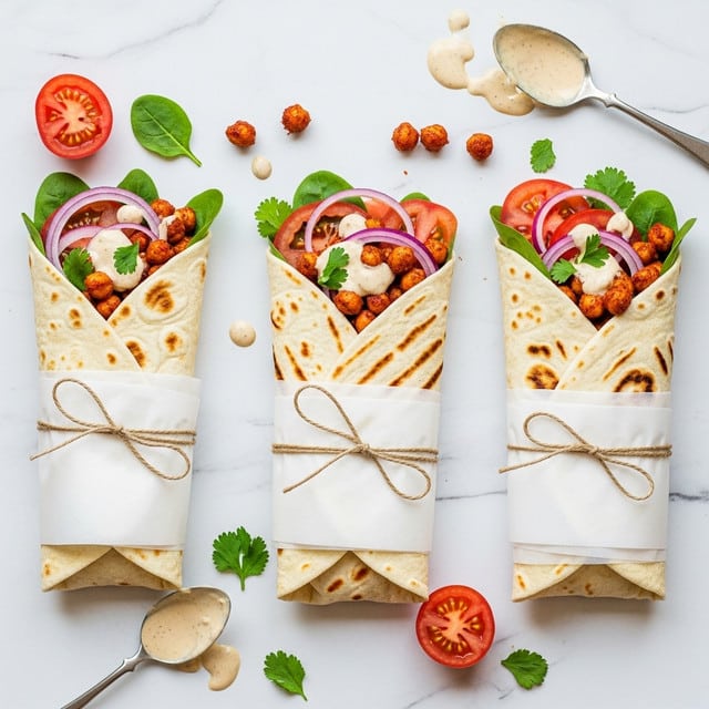 Three wraps are placed on a white marbled texture, each wrapped with soft white flatbread that shows light brown grilled spots. The wraps have multiple layers visible from the open top: a layer of spicy roasted chickpeas with a reddish-brown crust, fresh green leafy herbs, bright red tomato slices, thin rings of purple onion, and a drizzle of creamy light beige sauce. Each wrap is partially covered with white parchment paper tied with a simple brown string around the middle. Scattered around are small pieces of chickpeas, green herbs, tomato halves, and a spoon with some extra creamy sauce. Photo taken with an iphone --ar 4:5 --v 7