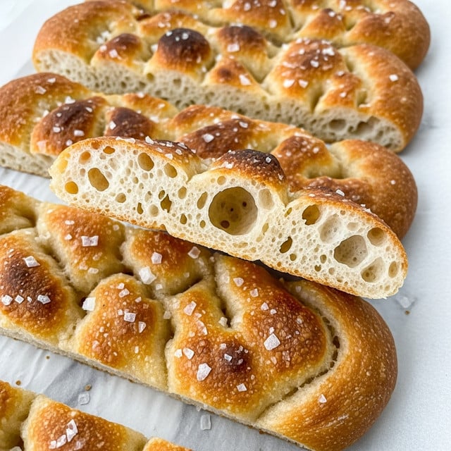 The image shows several long, golden-brown focaccia bread strips on white parchment paper with a white marbled texture underneath. The focaccia has a bubbly, uneven surface with a crispy, toasted crust, and visible large sea salt flakes sprinkled on top. One strip is cut in half horizontally, revealing a light, airy inside with large holes and a soft texture. The warm colors of the toasted bread vary from light golden to deeper brown spots across the top, showing a well-baked, crunchy exterior and fluffy interior. photo taken with an iphone --ar 4:5 --v 7