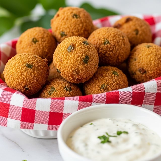 A close-up view of a white cloth basket filled with golden brown fried dough balls that have a rough, crispy outer texture. Two dough balls are cut open and placed on top, showing a soft, fluffy, pale yellow interior. The basket sits on a white marbled surface with soft natural light highlighting the warm colors. photo taken with an iphone --ar 4:5 --v 7