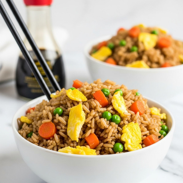 A close-up view of a white bowl filled with fried rice that has distinct layers of colors and textures: light brown soy sauce-coated rice grains, bright orange small carrot cubes, green peas scattered throughout, and scrambled yellow egg pieces mixed evenly. Two black chopsticks stand upright in the bowl, and behind it is a blurred bottle of soy sauce and another white bowl with fried rice. The background shows a white marbled texture surface. photo taken with an iphone --ar 4:5 --v 7