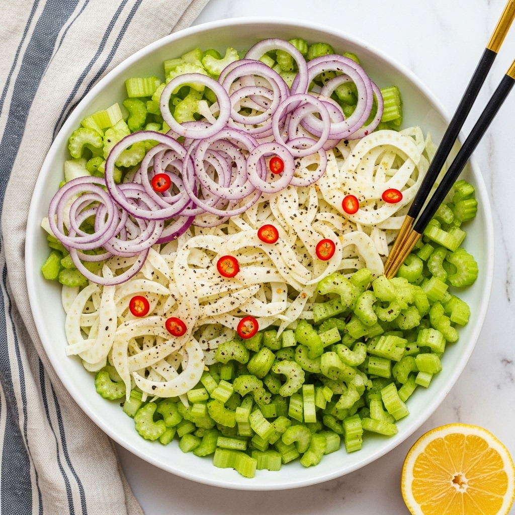 A white bowl holds a fresh salad with three main layers: the bottom layer is bright green leafy lettuce mixed with sliced celery, the middle layer consists of thin purple and white rings of red onion spread evenly on top, and the top layer features scattered white cheese shavings, along with red chili flakes and black pepper sprinkled over everything. The bowl sits on a white marbled surface, with a lemon cut in half on the right side and a few pieces of cheese on a white plate visible in the upper left corner, next to a folded striped white and dark cloth. photo taken with an iphone --ar 4:5 --v 7