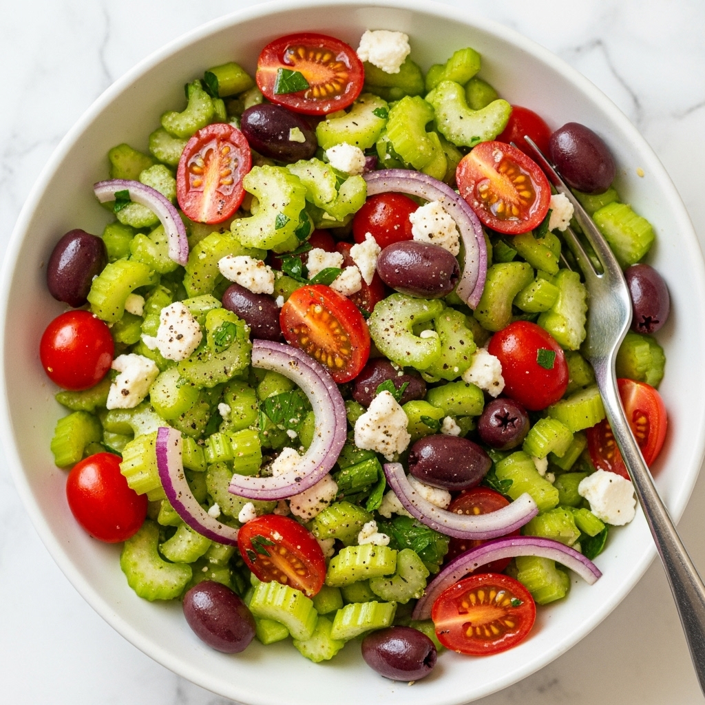A close-up view of a fresh salad served in a white bowl, showing a mix of chopped celery with a light green, ridged texture, halved bright red cherry tomatoes, dark purple olives, small bits of white feta cheese scattered throughout, thin slices of purple-red onion, and chopped green herbs all mixed together with a light dressing that glistens slightly. A silver fork rests on the edge of the bowl, partially inside the salad. The background features a white marbled texture. photo taken with an iphone --ar 4:5 --v 7