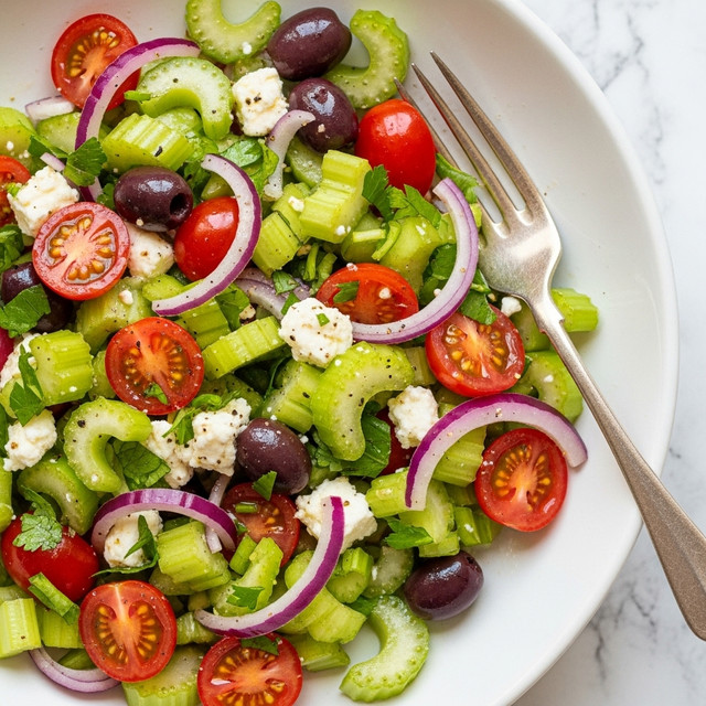 The image shows a close-up of a fresh salad served in a white bowl. The salad layers include chopped light green celery pieces with a crisp texture, bright red cherry tomato halves scattered on top and throughout, dark purple Kalamata olives, small white crumbles of feta cheese, thin slices of purple-red onion, and chopped green herbs adding a fresh look. The ingredients are mixed together with a shiny light dressing that highlights the bright colors. A silver fork is placed inside the bowl resting on the salad. The bowl sits on a surface with a white marbled texture. photo taken with an iphone --ar 4:5 --v 7