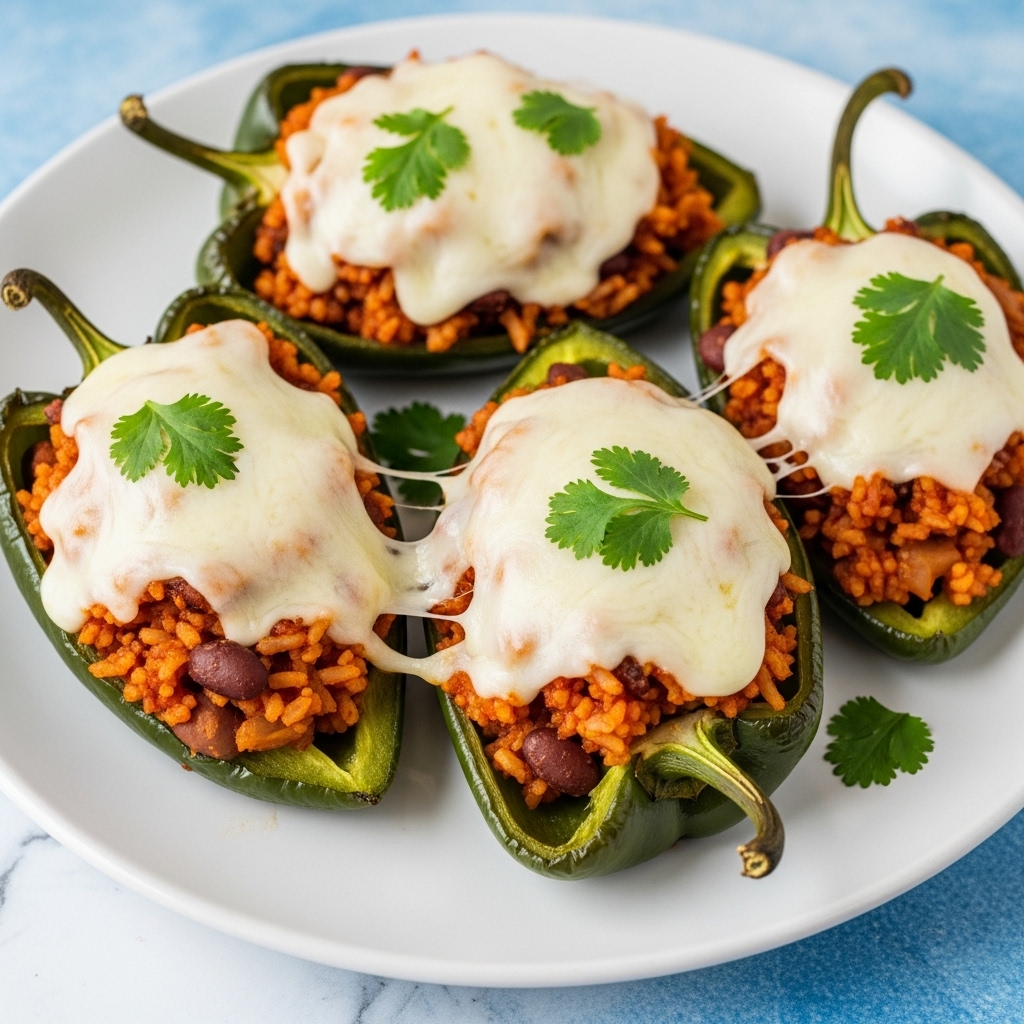 The image shows three stuffed green poblano pepper halves placed on a white plate with a blue surface beneath it replaced by a white marbled texture. Each pepper half is filled with a mixed layer of reddish-brown rice and beans, topped with melted white cheese that stretches slightly over the edges. Small, fresh green cilantro leaves are scattered on top of the cheese and filling, adding a fresh contrast. The peppers have a shiny, roasted look with slightly wrinkled skin. The melting cheese creates a creamy texture over the layered filling, making the dish look warm and inviting. photo taken with an iphone --ar 4:5 --v 7
