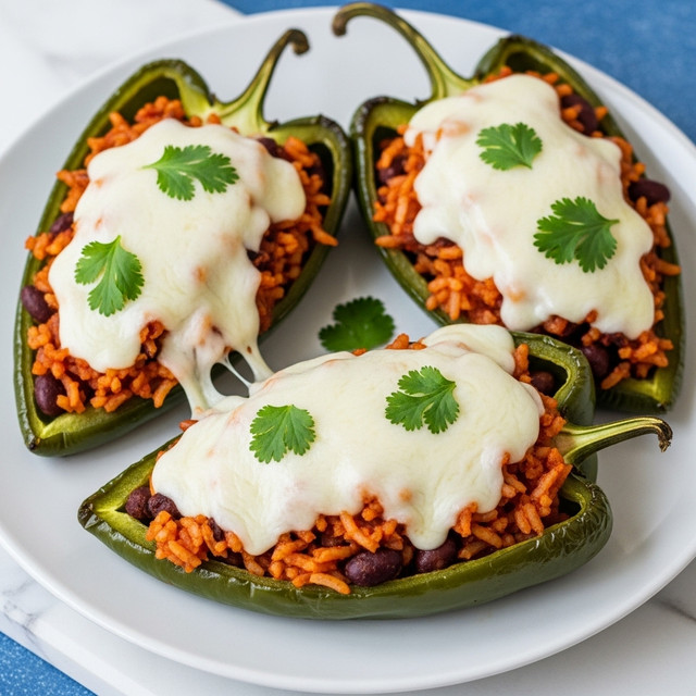 Eight stuffed poblano peppers lie on parchment paper on a metal baking sheet with some baked-on spots. Each pepper is cut in half lengthwise and filled with a mixture that looks like ground meat and black beans in a reddish sauce. The filling is topped with melted white cheese, slightly browned and bubbling. The peppers' dark green skin contrasts with the lighter filling and cheese. The baking sheet sits on a surface with a white marbled texture. photo taken with an iphone --ar 4:5 --v 7