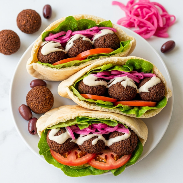 Three pita pockets filled with layers of dark brown falafel balls, bright green lettuce leaves, light pink pickled onions, white tahini sauce drizzled on top, and red tomato slices stacked inside. The pita bread is light tan and slightly open to show the colorful fillings. Extra falafel are placed around the plate along with some dark brown olives and bright pink pickled onions. The food is served on a white plate sitting on a white marbled surface. Photo taken with an iphone --ar 4:5 --v 7