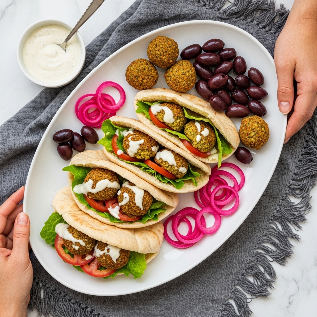 A large white oval plate holds three pita sandwiches, each with a soft light brown pita bread folded over visible layers of green lettuce, slices of red tomatoes, and falafel balls with a coarse texture inside. The sandwiches are drizzled with creamy white sauce. On the plate around the sandwiches are extra falafel balls, dark black olives with a glossy finish, and bright pink pickled onion rings. The plate rests on a gray fabric with fringed edges, on top of a white marbled surface. Two woman's hands hold the plate at opposite corners. A small white bowl with creamy sauce and a metal spoon sits nearby. Photo taken with an iphone --ar 4:5 --v 7