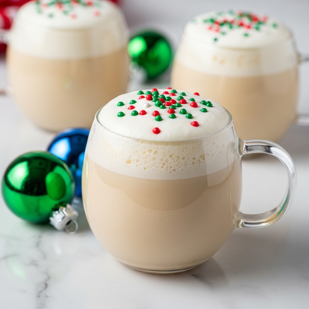 A clear glass cup filled with a creamy beige drink topped with a thick layer of white foam, sprinkled with small red and green round sprinkles. The cup is round with a clear handle on the right side. In the background, there are two more similar cups slightly out of focus, also topped with foam and sprinkles. To the left of the front cup, two round, shiny Christmas ornaments in green and blue rest on a white marbled surface. Photo taken with an iphone --ar 4:5 --v 7