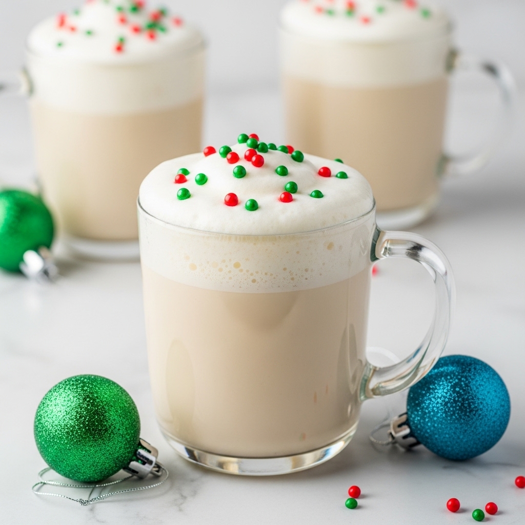 The image shows a clear glass mug filled with a creamy light beige drink, topped with a thick layer of white frothy foam. The foam is decorated with tiny red and green round sprinkles scattered across the surface. The mug sits on a white marbled texture with two blurred, similar glass mugs in the background, also topped with foam and sprinkles. Two glittery Christmas ornaments, one green and one blue, lie on the surface near the mug, adding a festive touch. photo taken with an iphone --ar 4:5 --v 7