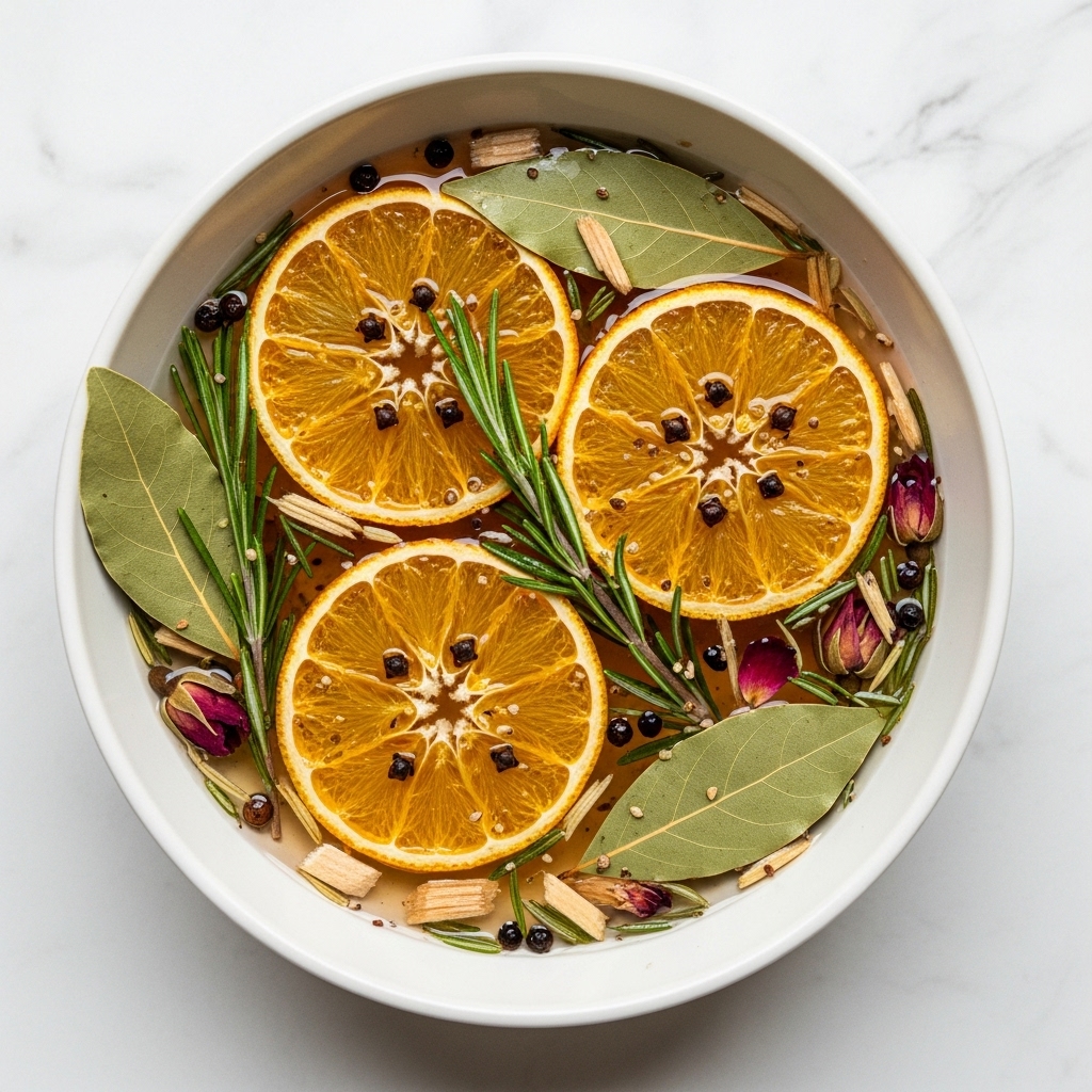 A white bowl filled with a clear liquid containing three dried orange slices floating on top, each orange slice showing a bright orange color with darker edges and small black cloves stuck in them. Surrounding the oranges are green sprigs of rosemary and a few light brown bay leaves, along with some small, red dried flower petals and light brown wood shavings scattered around. Tiny black peppercorns and some thin, light-colored dried rosemary leaves are sprinkled throughout the liquid. The bowl is placed on a white marbled surface. Photo taken with an iphone --ar 4:5 --v 7