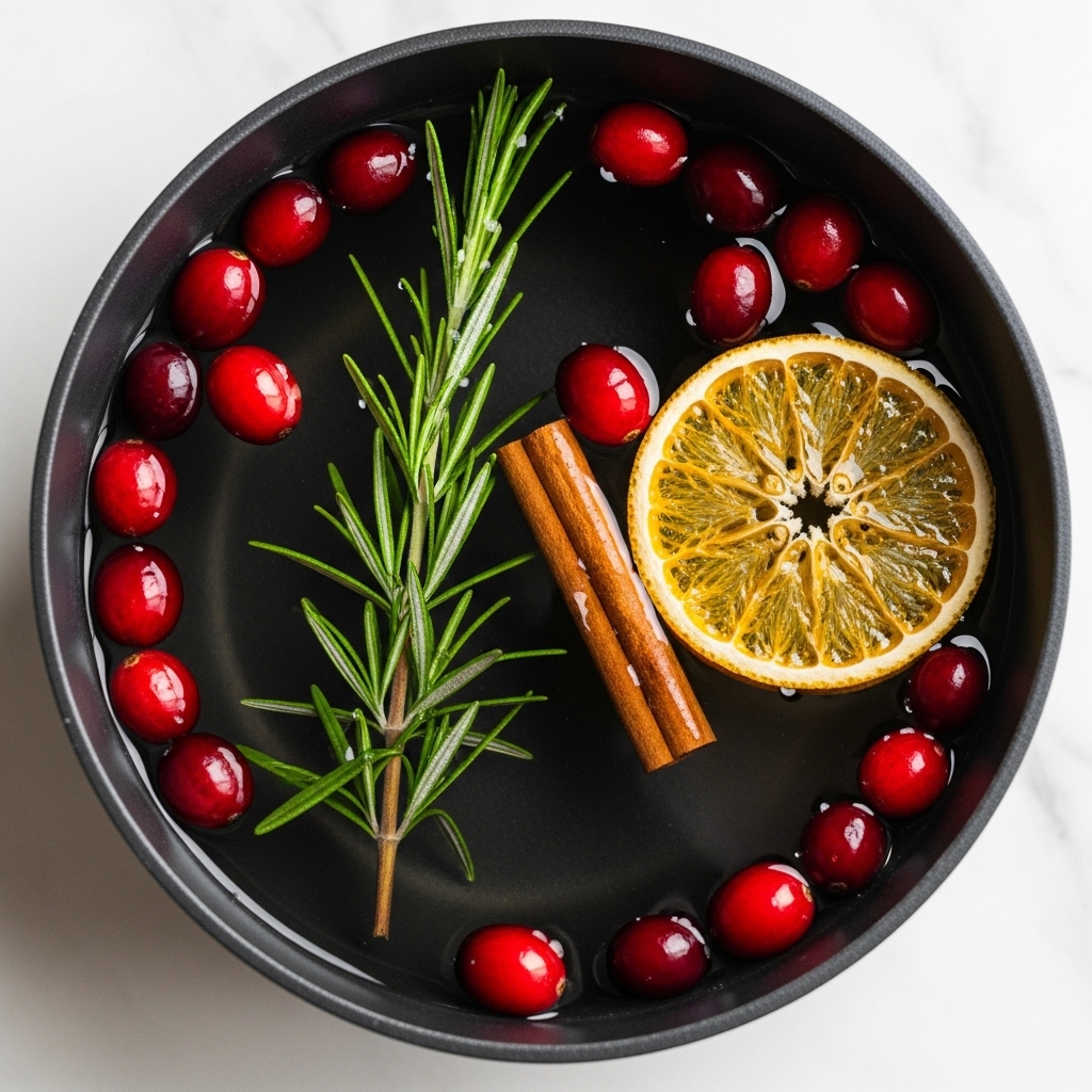 A dark pot filled with clear water holds floating ingredients including a single sprig of fresh green rosemary with needle-like leaves, several bright red cranberries scattered around, one cinnamon stick positioned near the center, and a dried orange slice with a visible white pith and pale yellow center near the right edge. The pot sits on a white marbled surface. photo taken with an iphone --ar 4:5 --v 7
