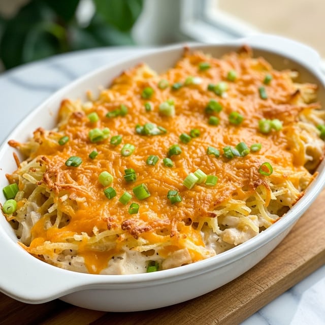 A white oval dish filled with a baked casserole that has a thick golden-brown top layer of crispy shredded potatoes mixed with melted orange cheddar cheese. Beneath this crunchy top, a creamy white sauce layer is visible, mixed with soft pieces of chicken or pasta. The casserole is garnished with chopped green onions scattered evenly on the surface. The dish sits on a wooden board with a white marbled texture in the background, and a blurred green plant is seen in the far background near a window. Photo taken with an iphone --ar 4:5 --v 7