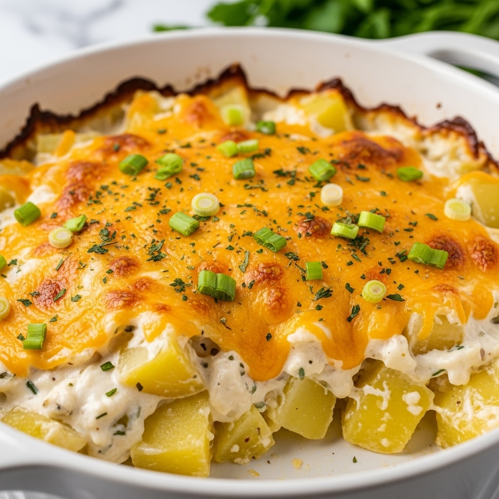 A close-up of a baked casserole in a white deep dish, showing a golden brown, crispy top layer of melted cheddar cheese sprinkled with chopped green onions and herbs. Underneath, there is a thick creamy layer of white sauce mixed with chunks of light yellow cooked potatoes. The background surface is a white marbled texture with blurred green herbs in the back. The edges of the casserole dish are slightly browned from baking. Photo taken with an iphone --ar 4:5 --v 7