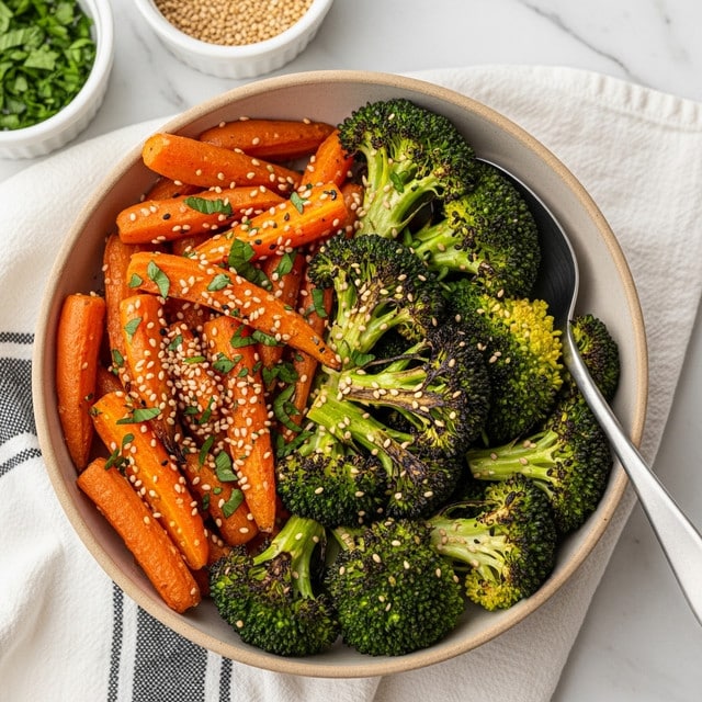 A close-up of a bowl filled with roasted vegetables, showing one layer of bright orange carrot pieces and one layer of dark green broccoli florets with charred edges. The vegetables are sprinkled with small, light beige sesame seeds and finely chopped green herbs. A silver spoon rests inside the bowl on the right side. The bowl itself is light brown and sits on a white cloth with black stripes, all placed on a white marbled surface. In the background, two small white bowls contain chopped green herbs and more sesame seeds. photo taken with an iphone --ar 4:5 --v 7