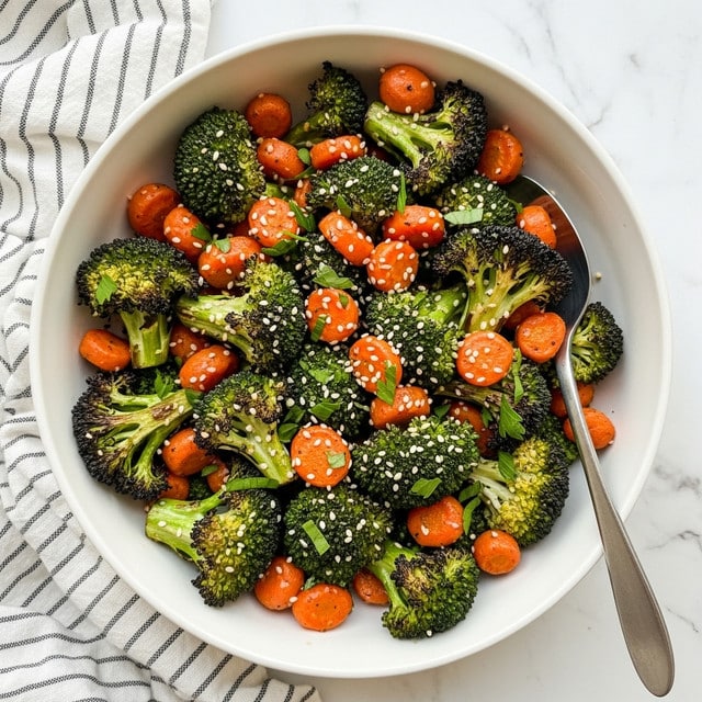 A bowl filled with roasted broccoli and carrot pieces forms the main layer, where the broccoli is dark green with charred edges and the carrots are bright orange in small chunks. The vegetables have a shiny, slightly oily texture and are sprinkled with small white sesame seeds and fresh green parsley flakes on top. A silver spoon rests inside the bowl on the right side. The bowl itself is white and placed on a striped white cloth, all set against a white marbled texture background. Photo taken with an iphone --ar 4:5 --v 7