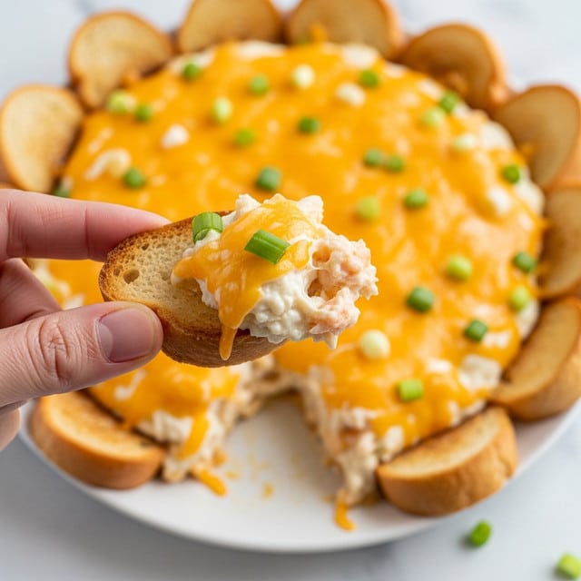 A close-up shows a woman's hand holding a toasted white bread chip topped with a creamy white cheese layer mixed with orange melted cheese and small bits of green onion. The chip's texture is slightly crunchy and browned on the edges. In the background, there is a white plate filled with layers of melted orange cheese covering a creamy white cheese mixture, scattered with small green onion pieces and more toasted white bread chips around the edges. The dish looks rich, warm, and cheesy on a white marbled texture surface. photo taken with an iphone --ar 4:5 --v 7