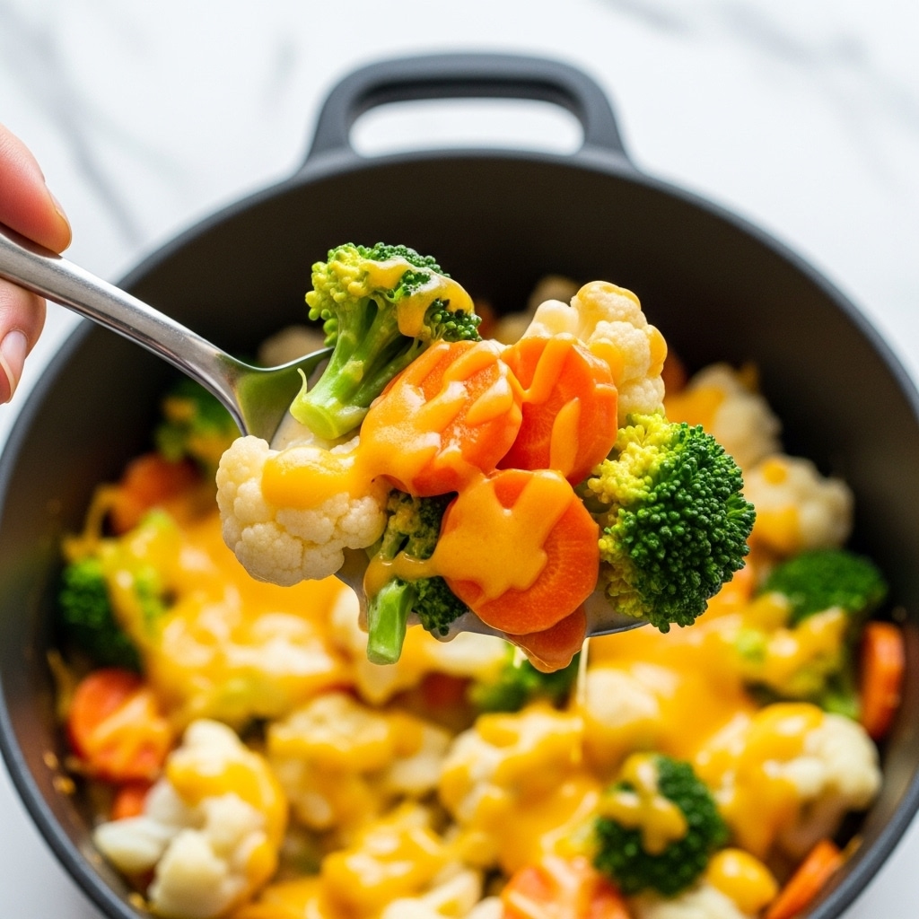 A close-up image of a creamy vegetable dish inside a black pot, showing a mix of broccoli florets, cauliflower pieces, and sliced carrots all coated in a smooth, light yellow cheese sauce. On top, there is a layer of finely shredded cheddar cheese, bright orange in color, slightly melting into the sauce. The broccoli is a rich green, the cauliflower is pale white, and the carrots are vivid orange, creating a colorful contrast with the cheese. The scene is set on a white marbled surface, which softly reflects light. photo taken with an iphone --ar 4:5 --v 7