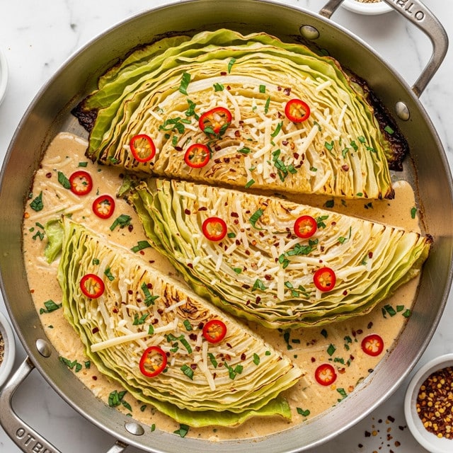 A large round pan holds a dish made of three big wedges of cooked cabbage stacked in layers; the cabbage leaves are soft and slightly browned with a light golden tone. The wedges sit in a creamy, beige sauce that coats the lower parts of the cabbage, sprinkled with red chili flakes and finely chopped fresh green herbs on top. Light shreds of grated cheese are scattered over the cabbage, adding texture and color contrast. The edges of the cabbage leaves show slight caramelization, creating a mix of light and darker browns. The pan rests on a white marbled surface with small dishes of seasonings partially visible around it. photo taken with an iphone --ar 4:5 --v 7