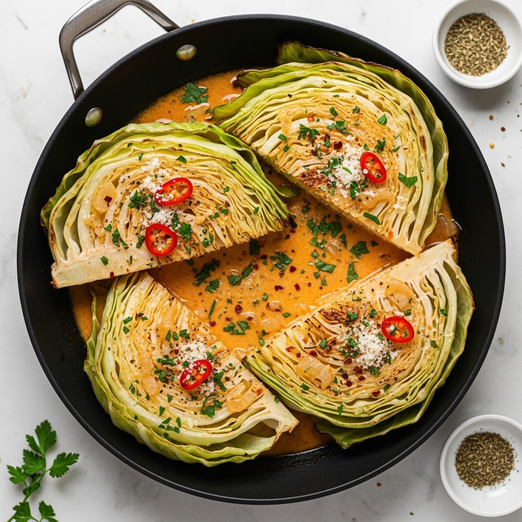 A black pan holds four large wedges of cooked cabbage layered thickly with browned edges and soft pale green and white leaves soaked in a creamy sauce. The sauce is light orange with specks of red chili flakes and small bits of onion spread throughout. The cabbage pieces are sprinkled with finely chopped green herbs and a light dusting of grated cheese, adding texture and color contrast. The pan sits on a white marbled surface with small dishes containing herbs and spices nearby. photo taken with an iphone --ar 4:5 --v 7