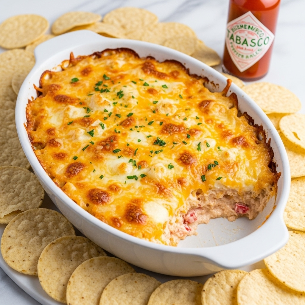 A white oval baking dish holds a creamy layered dip with a golden brown cheese top that is slightly browned and bubbly. The cheese layer shows patches of white and yellow melted cheese along with green herb bits sprinkled on top. A scoop is missing on the bottom right side, revealing a creamy white base underneath with small red pieces mixed in. Surrounding the dish are many round, light beige tortilla chips, placed on a white marbled surface, with a bottle of hot sauce standing in the back. photo taken with an iphone --ar 4:5 --v 7