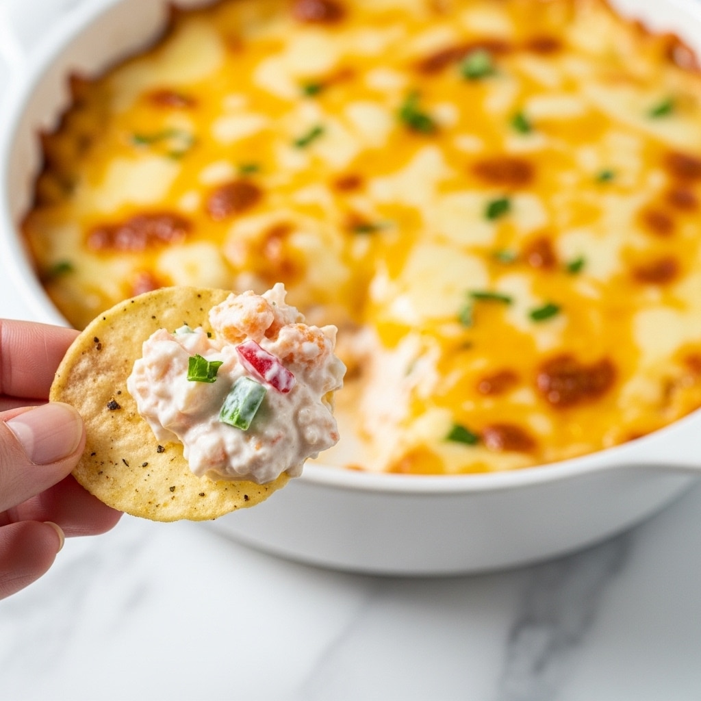 A close-up view shows a woman's hand holding a round, light beige chip with visible seasoning. On the chip, there is a creamy, chunky white dip with small pieces of red and green, indicating ingredients like peppers or herbs. In the background, slightly out of focus, there is a large white dish filled with a baked layered dip. The dip has visible layers of melted yellow and white cheese on top, with browned spots from baking and hints of the creamy, chunky layers beneath. The whole scene is set against a white marbled texture surface. photo taken with an iphone --ar 4:5 --v 7