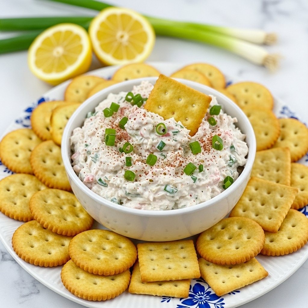 A white bowl filled with a creamy mixture that looks like a dip, textured with shredded pieces and flecks of green herbs, topped with a light sprinkle of red spice and chopped green onions. A square cracker is partially dipped into the creamy dip, resting on top. Surrounding the bowl on a white plate with blue floral patterns are round and square golden-brown crackers, arranged in neat groups. In the background, two lemon wedges and a green onion lay on the plate. The scene is set on a white marbled surface. photo taken with an iphone --ar 4:5 --v 7
