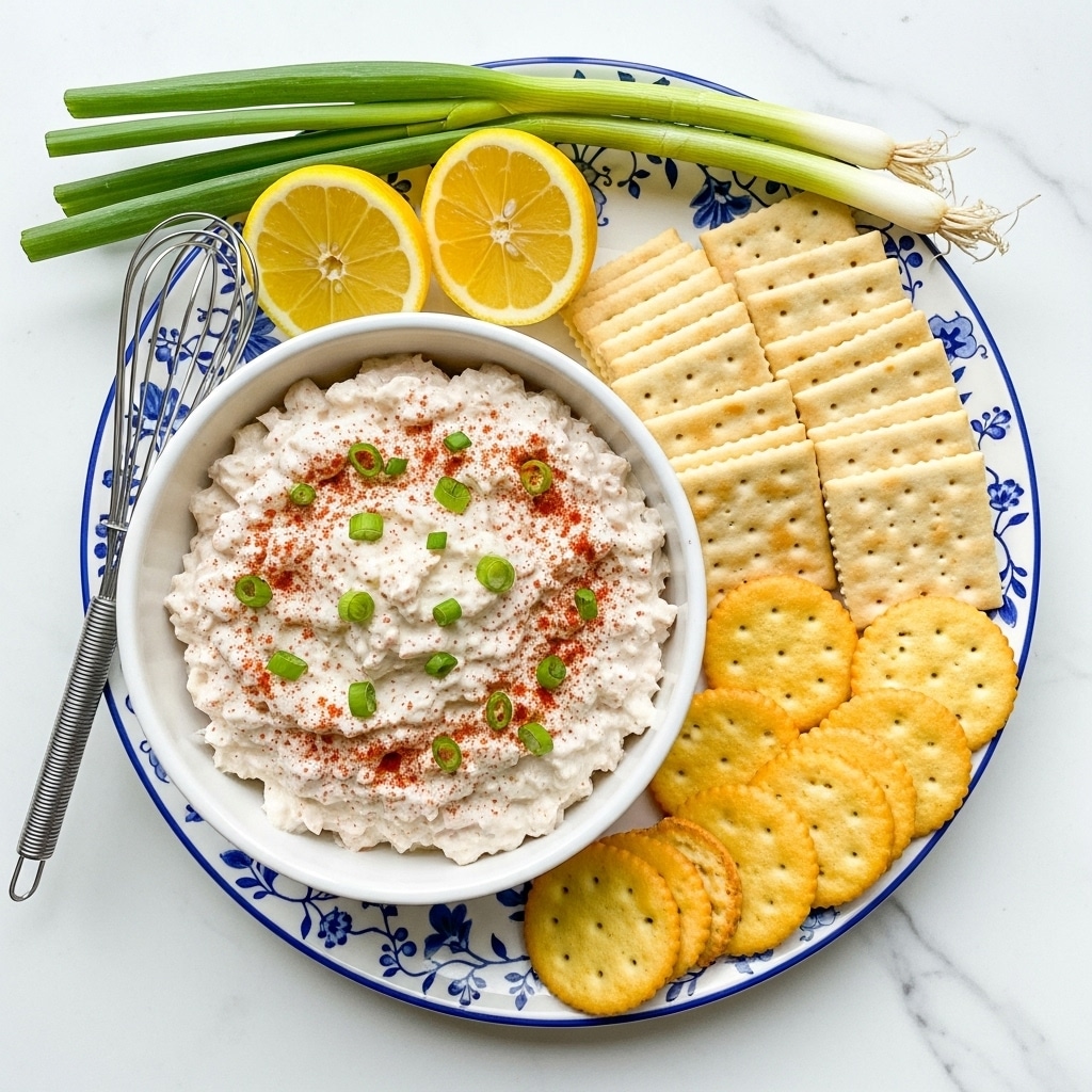 A white bowl filled with creamy, chunky white dip sprinkled with small green onion pieces and light red paprika sits on the left side of a white plate decorated with blue floral patterns. To the right of the bowl, there are two neat rows of square light golden crackers and a pile of round golden crackers layered side by side. Two lemon wedges and three green onions lie above the bowl, with a small whisk resting near them. The plate is placed on a white marbled surface. Photo taken with an iphone --ar 4:5 --v 7
