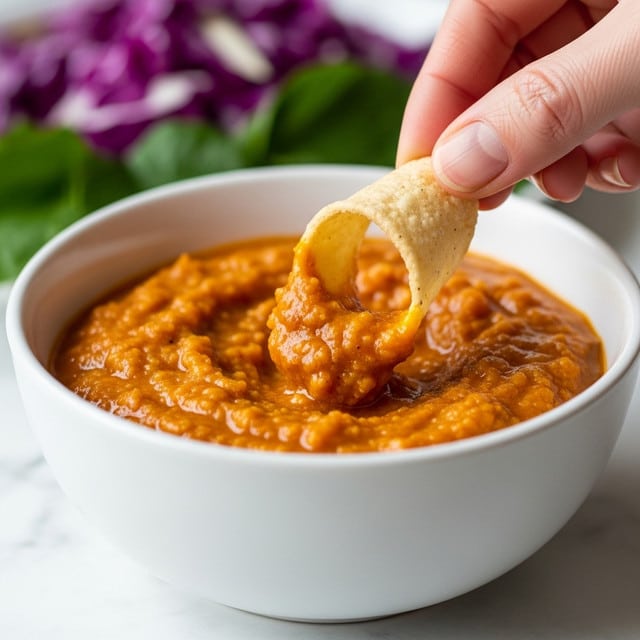 A close-up image showing a woman's hand dipping a curled beige crispy chip into a thick, chunky orange sauce inside a white bowl. The sauce has a slightly glossy texture with visible bits giving it a hearty look. In the background, blurred purple shredded cabbage and dark green leaves add a splash of color. The white bowl rests on a white marbled surface. Photo taken with an iphone --ar 4:5 --v 7