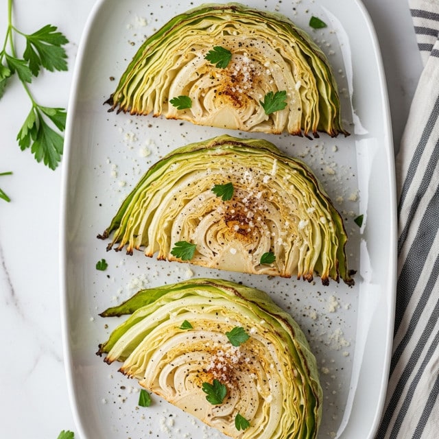 The image shows three wedges of roasted cabbage placed side by side on a long white plate. Each wedge has multiple layers of cabbage leaves, ranging from pale white and light green in the inner layers to slightly browned and crispy edges on the outer layers. The wedges are seasoned with a sprinkle of coarse salt, black pepper, and small green parsley leaves scattered on top. There is a light dusting of grated cheese around and on the wedges, adding a white texture contrast. The plate rests on a white marbled surface with some sprigs of parsley nearby and a striped cloth partially visible on the side. Photo taken with an iphone --ar 4:5 --v 7