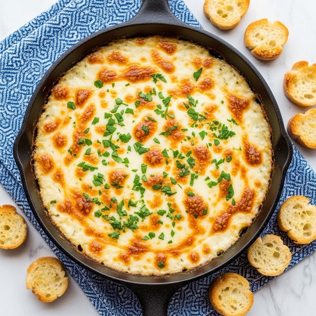 A round black cast iron skillet filled with a creamy, golden-brown baked cheese dip. The dip has a smooth white cheese layer melted across the surface with some spots browned and bubbly, garnished with finely chopped bright green herbs scattered evenly on top. The skillet is placed on a blue and white patterned cloth, all set on a white marbled textured surface. Around the skillet, there are several small pieces of toasted bread with a golden crust. Photo taken with an iphone --ar 4:5 --v 7