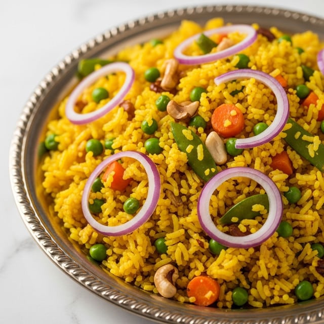The image shows a close-up of a plate filled with yellow-colored rice mixed with small pieces of green peas, orange carrots, and bits of nuts. Thin slices of red onion are scattered on top, adding a touch of purple color. The plate is metallic with a decorated rim, placed on a white marbled surface. The rice looks fluffy and mixed well with the vegetables and nuts to give a colourful and textured look. photo taken with an iphone --ar 4:5 --v 7