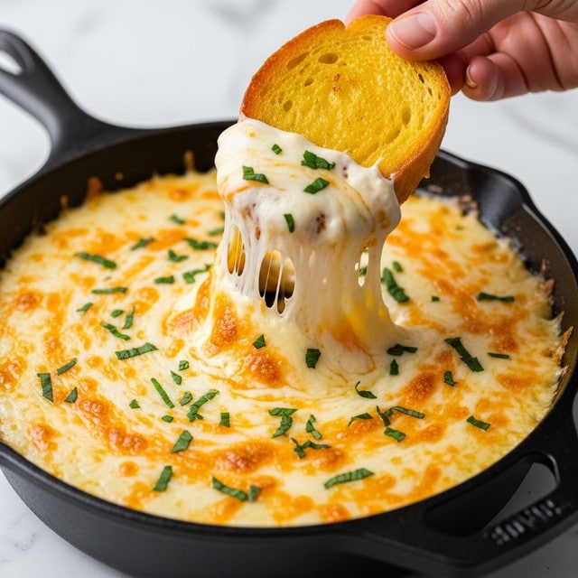 A close-up view of a black cast iron pan filled with a creamy, melted cheese dip topped with small green herb pieces. The cheese is golden brown and bubbly in some areas, showing a thick and stretchy texture as a golden toasted bread slice is lifted, held by a woman's hand. The bread is crisp with a light brown toasted edge, contrasting with the smooth, rich white and orange cheese mixture. The background surface is a white marbled texture. photo taken with an iphone --ar 4:5 --v 7