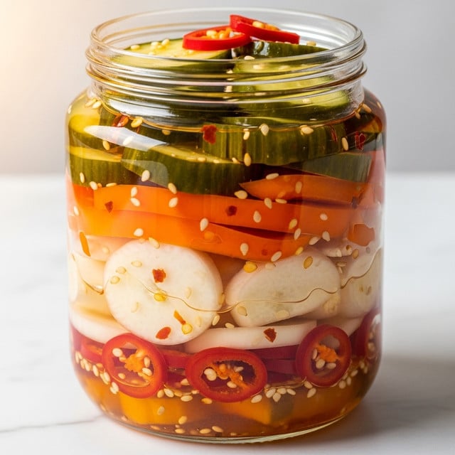 A clear glass jar filled with several layers of colorful pickled vegetables sits on a white marbled surface. The visible layers include green cucumber slices with dark green skin, white round slices of garlic or onion, bright orange bell pepper strips, and red chili slices. Small white sesame seeds and red chili flakes sprinkle the vegetables, adding texture and color contrast. The jar’s rim is clear and shiny, emphasizing the freshness and juices inside. Warm lighting highlights the glossy and slightly wet texture of the pickled veggies. Photo taken with an iphone --ar 4:5 --v 7