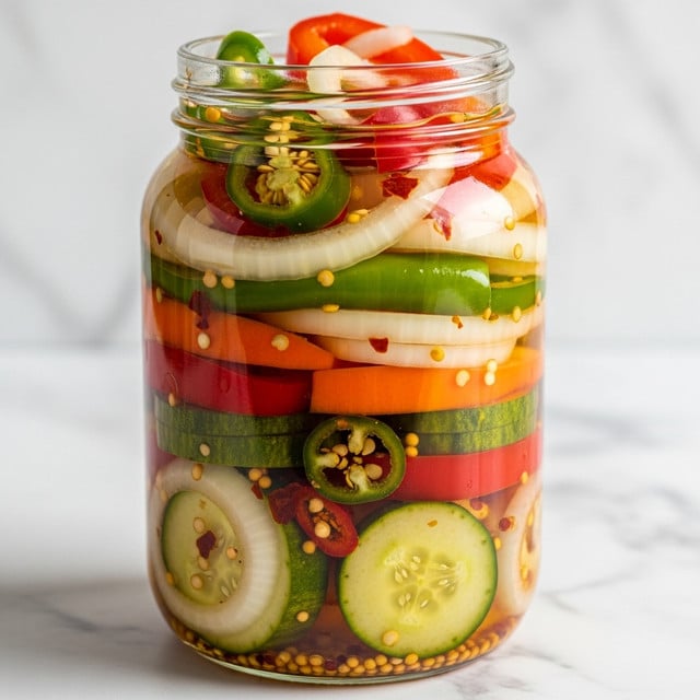 The image shows a clear glass jar filled with colorful pickled vegetables. There are layers of sliced cucumbers with green edges, white onions cut into rings, red and orange bell pepper slices, and thin slices of green chili. The vegetables are mixed with visible yellow mustard seeds and red chili flakes, all soaked in a light, slightly oily brine. The jar is full to the top with the brine glistening on the vegetables, making them look fresh and bright against a white marbled background. photo taken with an iphone --ar 4:5 --v 7