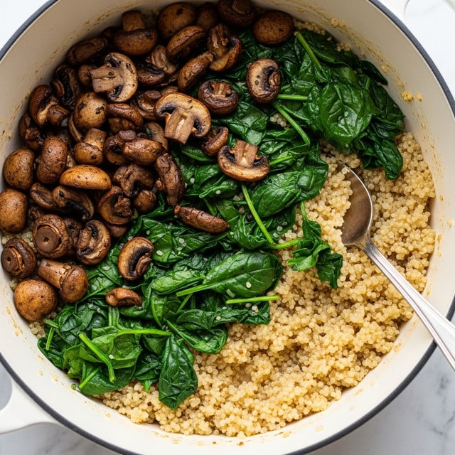 The image shows a white round bowl filled with a mix of light brown and green ingredients, likely a grain and vegetable dish with pieces of cooked chicken scattered on top. The texture looks soft with small chunks and leafy greens mixed evenly throughout. A wooden spoon stands in the middle of the bowl. The bowl rests on a white marbled surface next to a cloth with blue and white stripes. Photo taken with an iphone --ar 4:5 --v 7